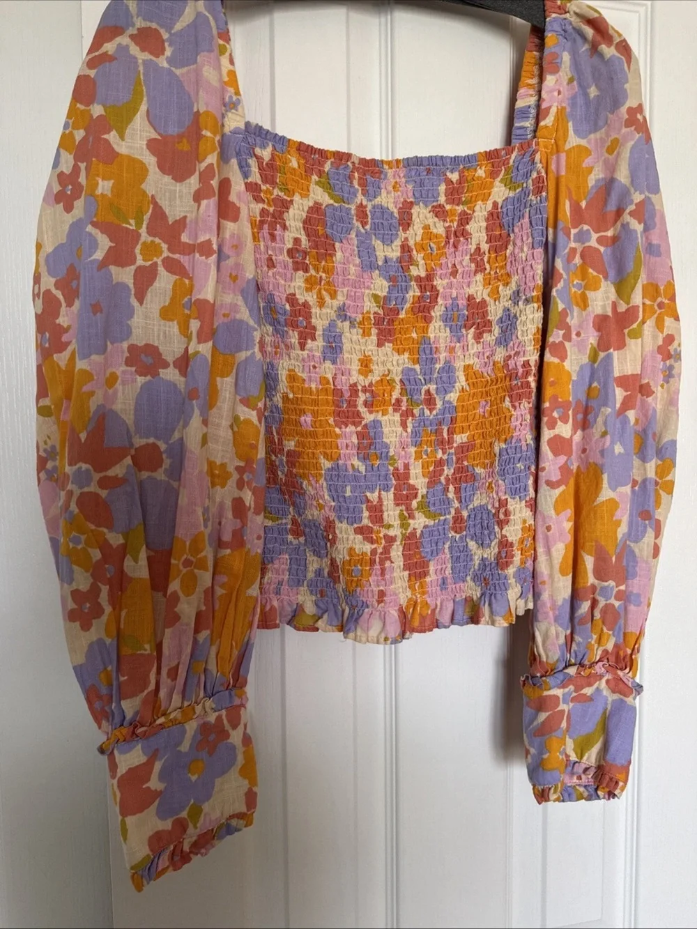 Free People Ariana Smocked Balloon Sleeve Top Orange Floral Print Large
